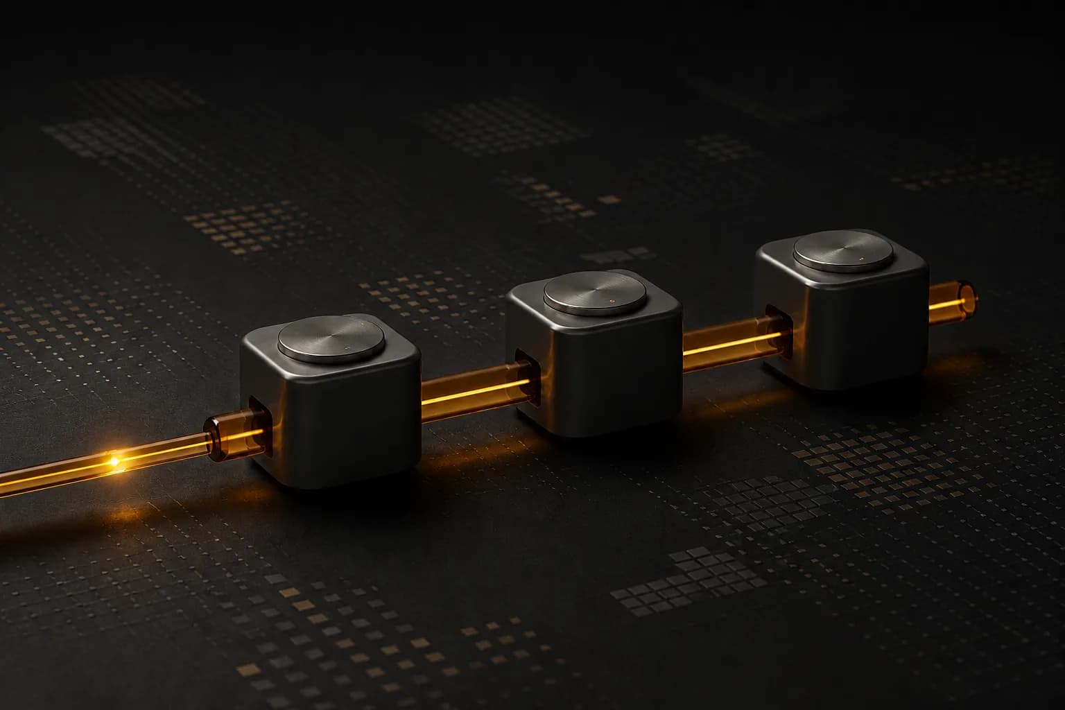 Three graphite notification modules connected by an amber signal rail